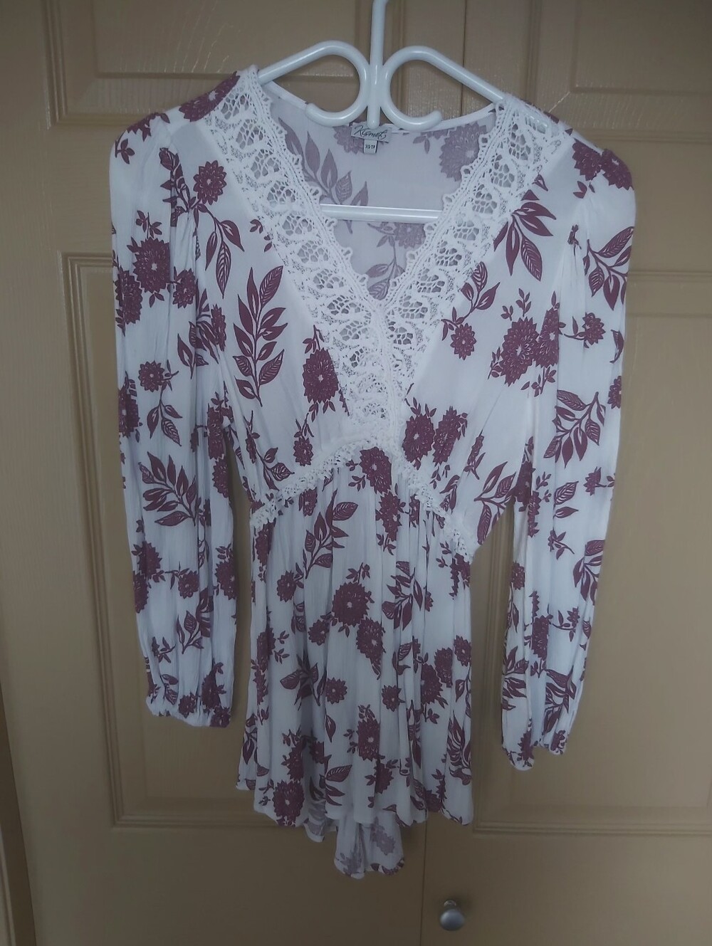 Kismet White Blouse with Mauve Floral Print and Lace Trim